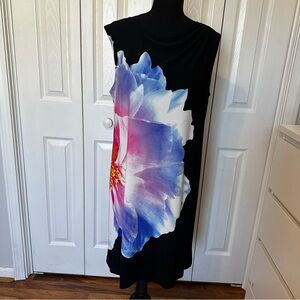 Maggy London Black Dress Large Floral Print Sleeveless Shift Sheath Size 14